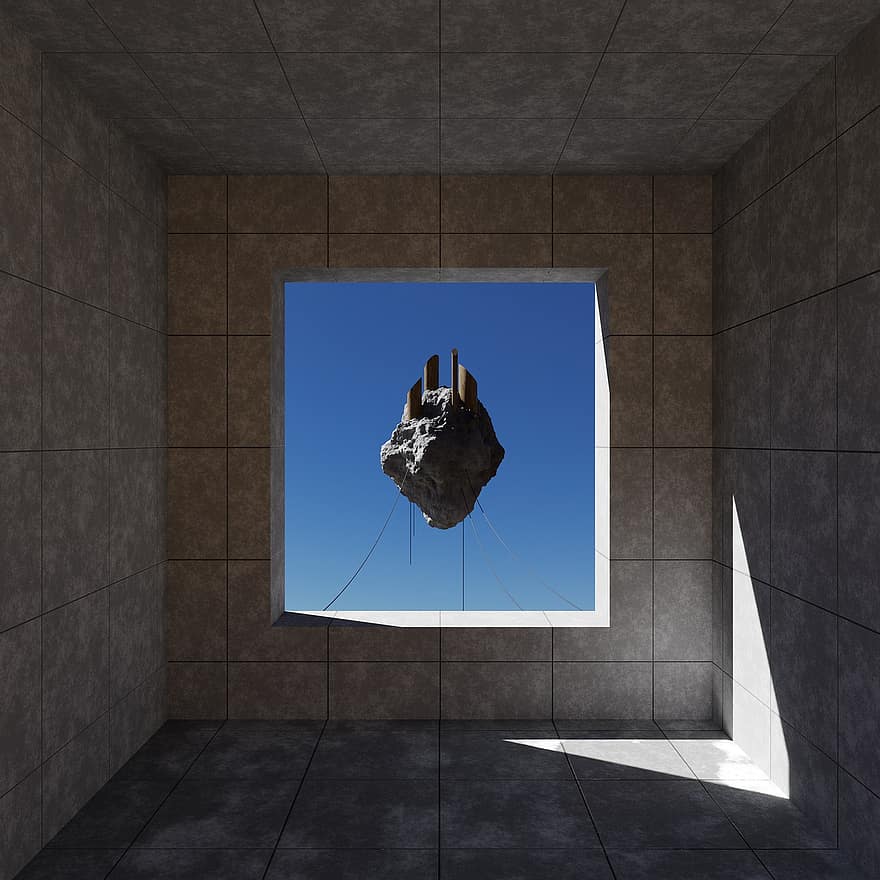 vindue, abstrakt, surrealistisk, minimalisme, surrealisme, værelse, tom, flyde, gengive, beton, klippe