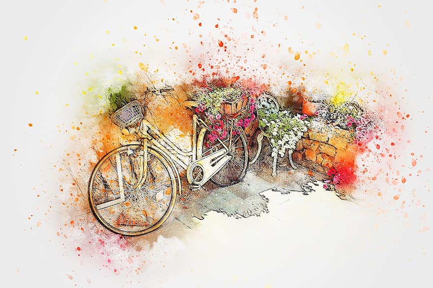 bicicleta, flors, cistella, paret, aquarel·la