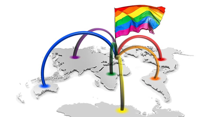 Gökkuşağı bayrağı, Dünya haritası, kıtalar, Dünya, Dünya çapında, Uluslararası, global, hoşgörü, kabul, çeşitlilik, eşitlik