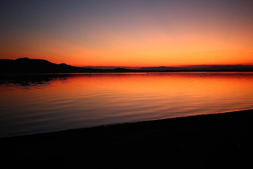 Sunset, Lake, Mountains, Silhouette, Sunrise, Twilight, Dawn, Dusk, Reflection, Water, Coast