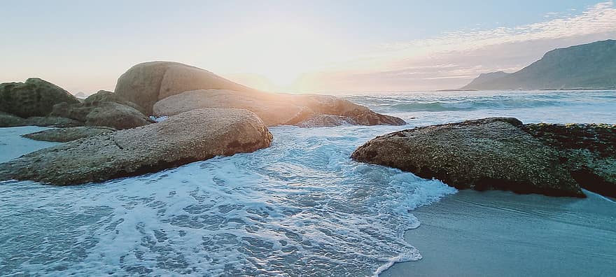 tramonto, oceano, riva, spiaggia, montagne, Sud Africa, Città del Capo, rocce, onde, mare, acqua
