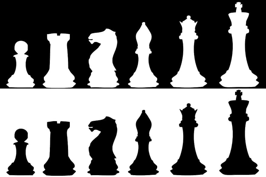 sjakk, sjakkbrikker, sjakkbrikke, sjakksett, svart, hvit, isolert, bakgrunn, silhouette, silhuetter, Kunst
