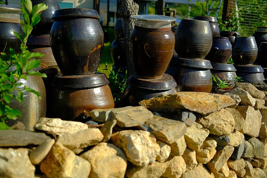 Jangdokdae, stiklainiai, puodai, saugojimo, Korėjos tradiciniai stiklainiai, tradicinis, Jangdokas, keramika, kaime, hanok