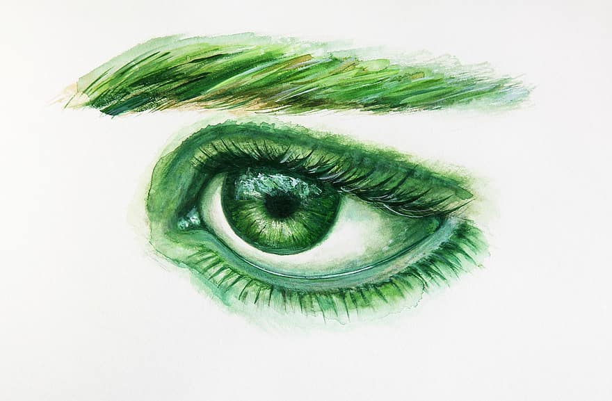 สีเขียว, สีน้ำ, ตา, แมโคร, ความงาม, จิตรกรรม, คิ้ว, ดู, มอง, สายตา, การวาดภาพ