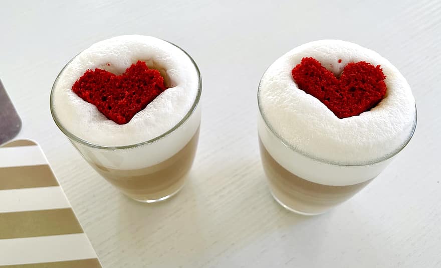 café, cappuccino, cœurs, gâteau de velours, Valentin, couple, Cupidon