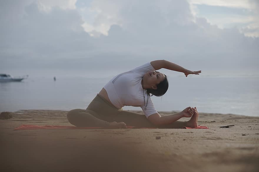joga, kobieta, plaża, rozciąganie, medytacja, wellness, zdatność, trening, poza, dziewczynka, Bali