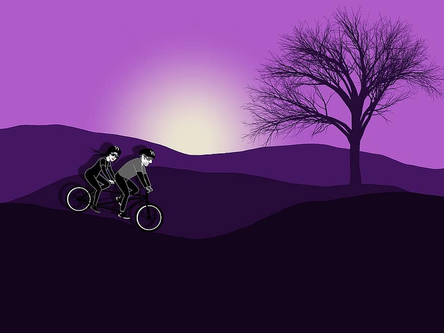 fantasia, giro in bicicletta, romantico, coppia, montagne, tramonto, colore