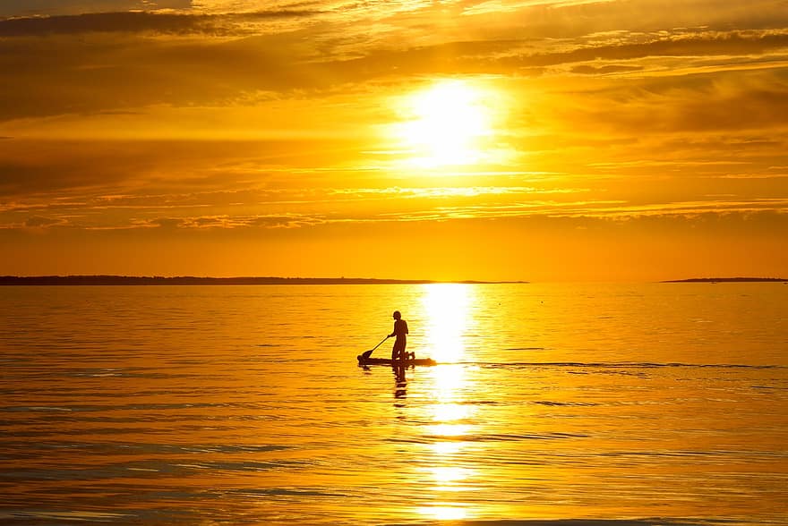Paddle, Man, Paddle Board, Ocean, Sea, Waves, Horizon, Sunset, Water, Nature, Landscapes