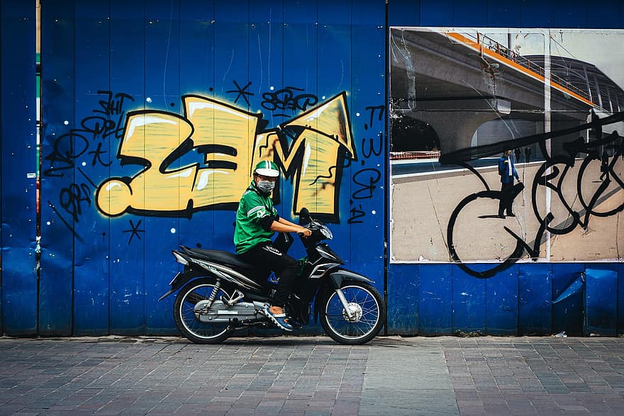 Absender, Vietnam, saigon, Fußgängerzone, Blau, mit, Grün, Kontrast, Graffiti, Straße, Stadt