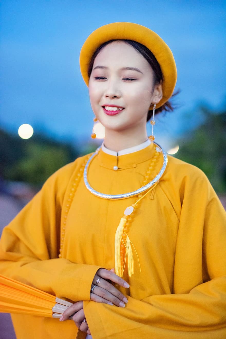 femme, modèle, vietnamien, costume, fleur, longue robe, femelle, costume ancien, Dame, asiatique