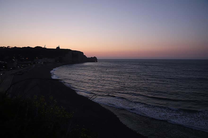 playa, mar, puesta de sol, silueta, acantilado, rocas, horizonte, costa, Dom, oscuridad, crepúsculo