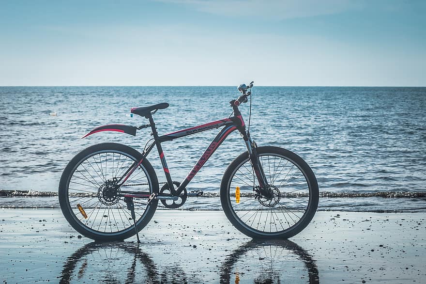 велосипед, пляж, море, кататься на велосипеде, волны, на открытом воздухе, берег, горизонт, океан, заход солнца