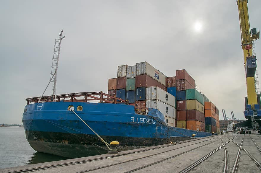 haven, schip, kraan, containers