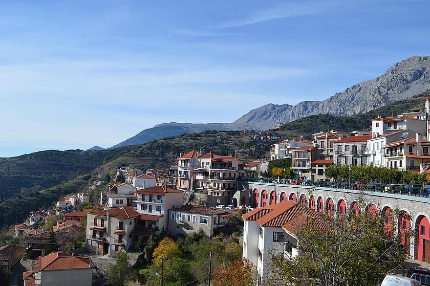Beócia, aldeia, Cidade, montanhas, arquitetura, arachova, Grécia, panorama