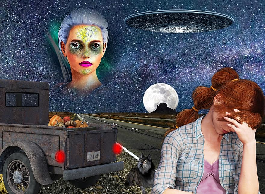 distressed, ontmoedigd, vrouw, Science fiction, maan, ufo, mysterie, surrealistische, vrachtauto, hond, metgezel