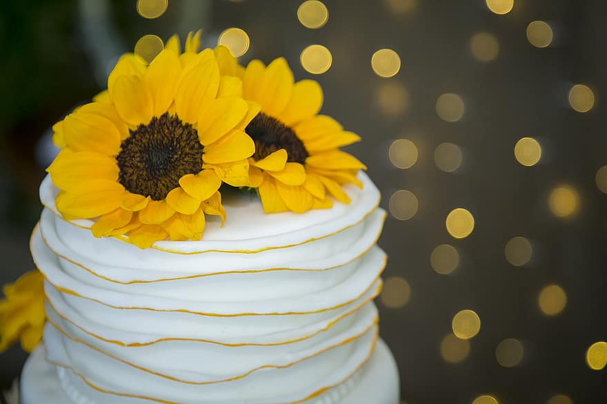 bryllupskake, solsikke, kake, bryllup, feiring, søt, ekteskap, jubileum, dessert, kake topper, bokeh