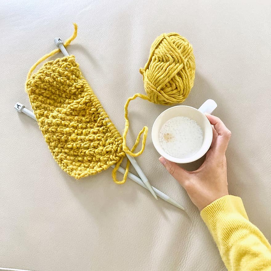 Knitting, Knitted, Wool, Yellow, Sweater, Fashion, Coffee, Cup, Caffeine, Rest, Relax