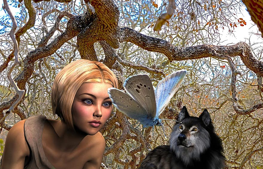 หญิง, หมา, สุนัข, ที่มุ่งเน้น, ผีเสื้อ, ต้นไม้, ประหลาดใจ, มีสีสัน, หญิงสาว, สัตว์เลี้ยง, แมลง