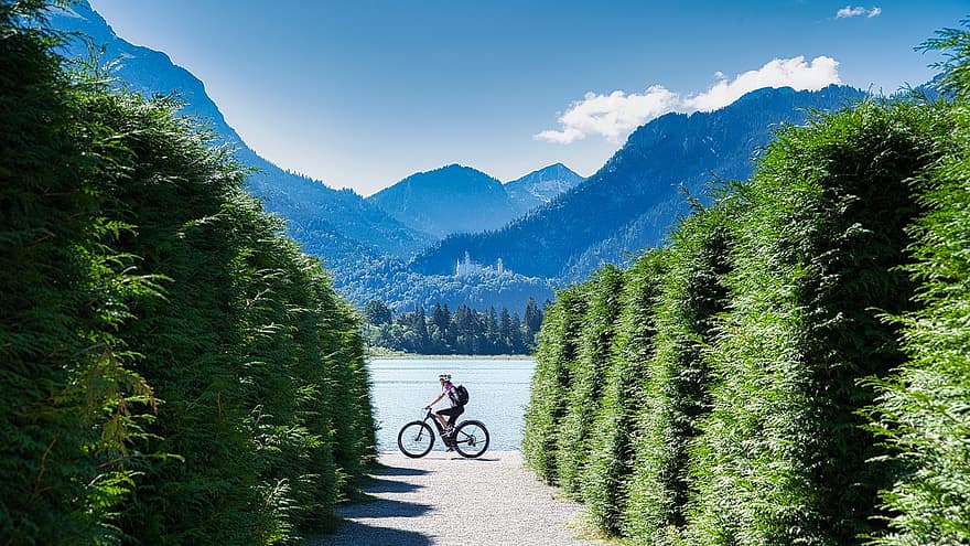 sykkel, syklist, Terrengsykkel, sykling, tur, alpine, innsjø, fritid