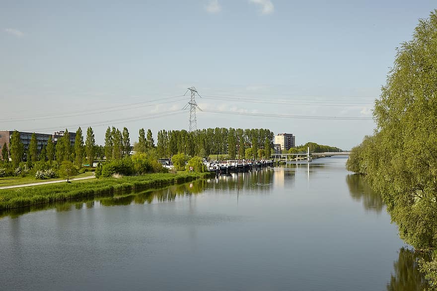 río, pueblo, viaje, exploración, al aire libre, Ciudad de Almere, agua, verano, azul, arquitectura, árbol