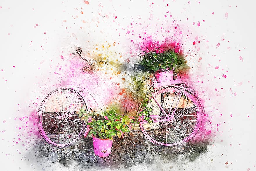 велосипед, цветя, изкуство, абстрактен, акварел, реколта, тениска, артистичен, романтичен, дизайн, пръскане на бои