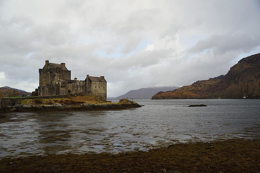 zamek, eileen donan, szkocja, chmury, jezioro, krajobraz, wyspa