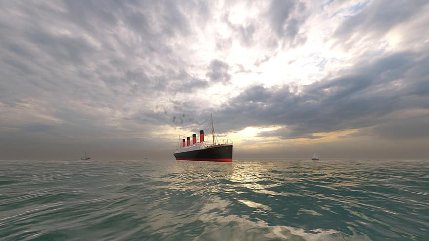 титановый, заход солнца, океан, корабль, море, Восход, природа, морское путешествие, 3D визуализация, морское судно, транспорт