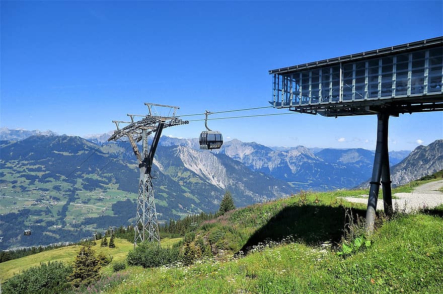 Golmer Track, teleferic, Funicularul Golmer, vale, Austria, Montafon, munţi, peisaj montan, Alpi, Munte, albastru