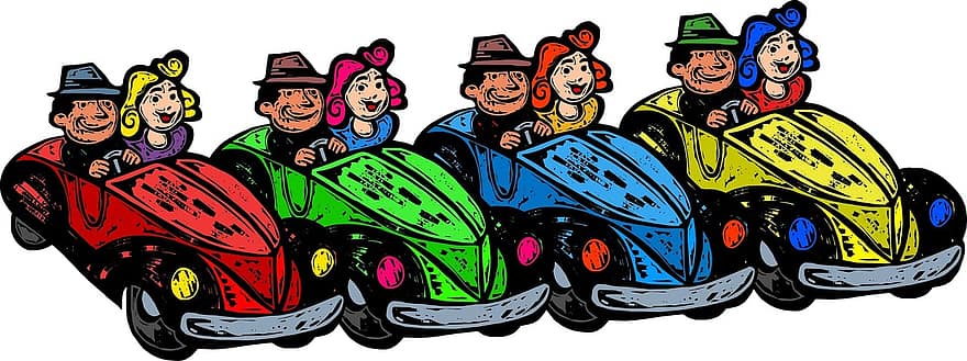 vozy, provoz, kreslená pohádka, lidé, pár, řídit, řízení, auto, vozidlo, přeprava, doprava
