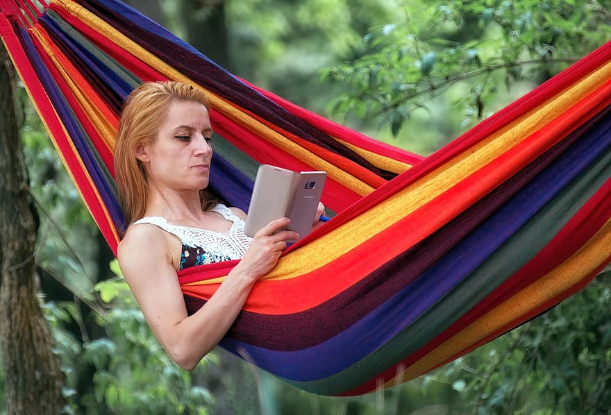 Woman, Smartphone, Hammock, Leisure, Relaxation, Watching, Mobile Phone, Phone, Park, Outdoors