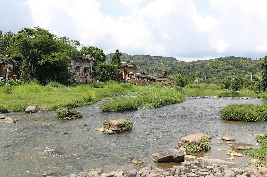 folyó, falu, Fujian Tulou, vidéki, folyam, patak, víz, kis falu, Tulou falu, vidéki táj