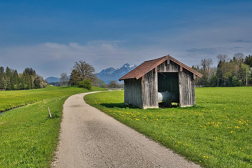 luncă, Chiemgau, mediu rural, natură, drum noroios, cale, drum cu pietriș, colibă, iarbă, rural, vară