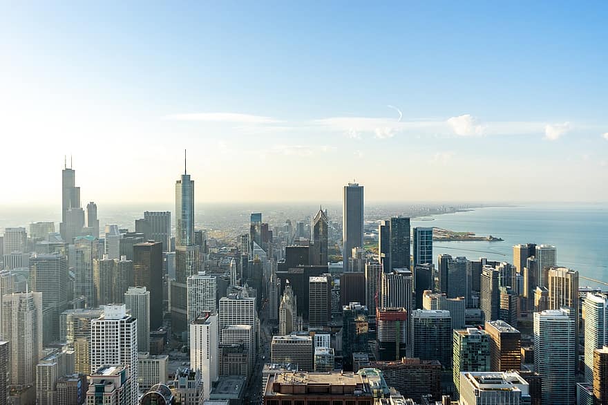Chicago, Miasto, drapacze chmur, Budynki, Illinois, Stany Zjednoczone, USA, pejzaż miejski, wieżowiec, miejska linia horyzontu, architektura