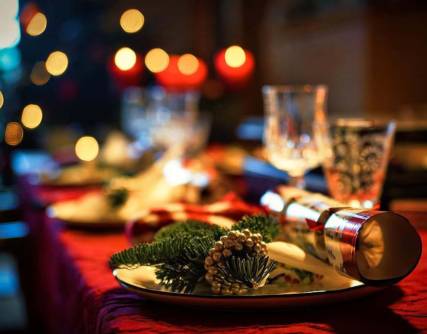 tafel opstelling, vakantie, Kerstmis, decoratie, komst, glas, maaltijd, kaars, tafel, viering, alcohol