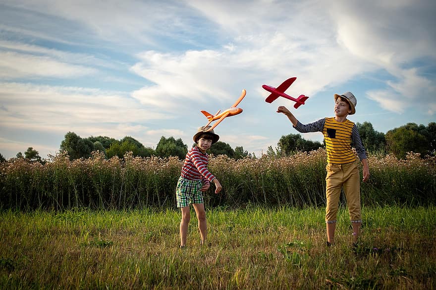 çocuklar, çocukluk, oynama, açık havada, doğa, oyun, alan, uçak, sevinç, mutluluk, uçuş