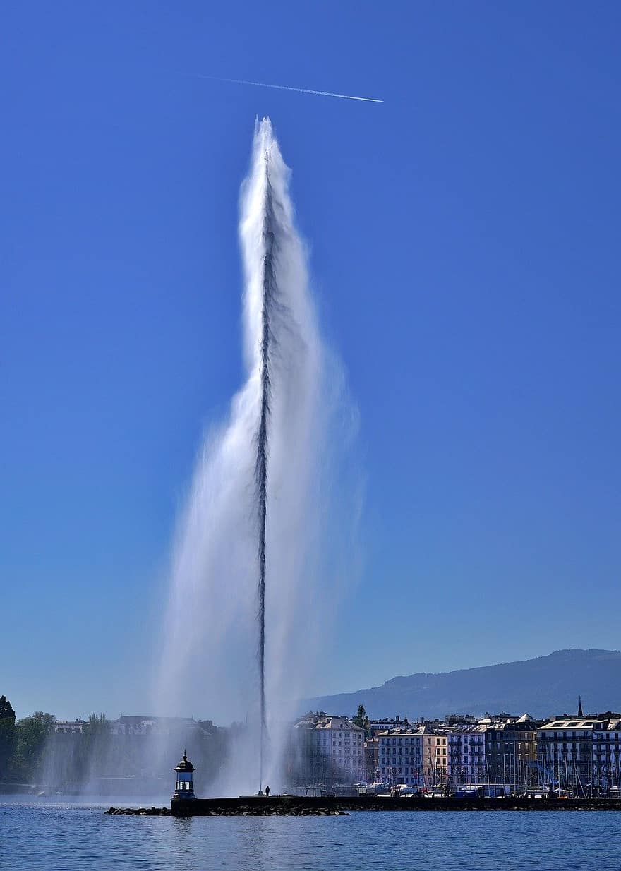 Handy-Hintergrundbild, Wasserstrahl, Feder, Wind, Genf, Genfer See, See, Leuchtturm, Tapete, Desktop-Bild, Hintergrundbild