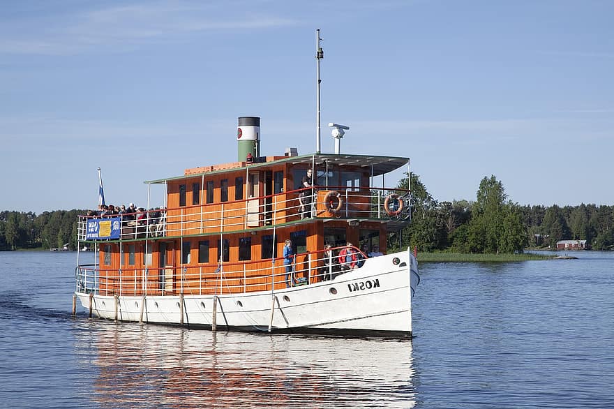 enviar, autobús acuático, crucero, lago, agua, antiguo, nave tradicional, Finlandia
