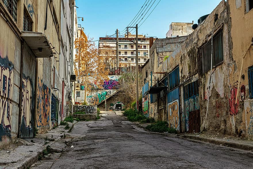 grafite, grunge, navios velhos, paisagem urbana, urbano