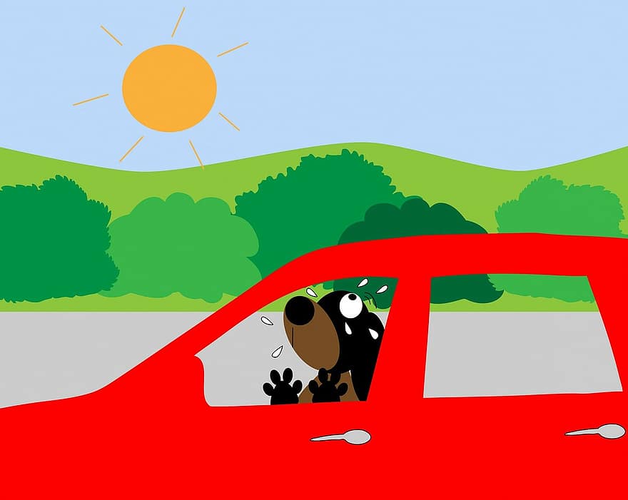 Hund, Auto, heiß, betrübt, Kunst, Karikatur, Schweiß, Schwitzen, Pfoten, rot, Landschaft