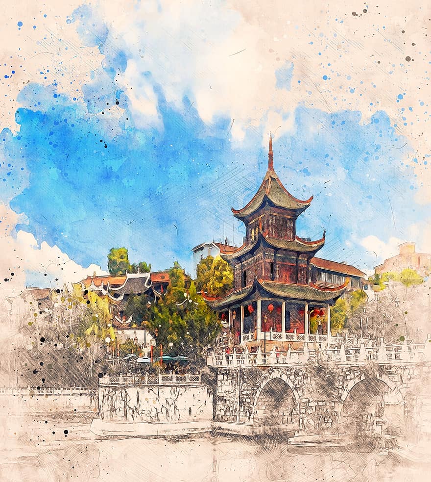 будівлі, міст, Китай, плакат, живопис, малювання