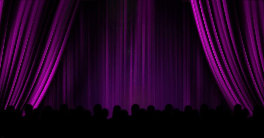 teatre, cinema, cortina, ratlles, porpra, llum, il·luminació, punt de mira, etapa, fons, resum