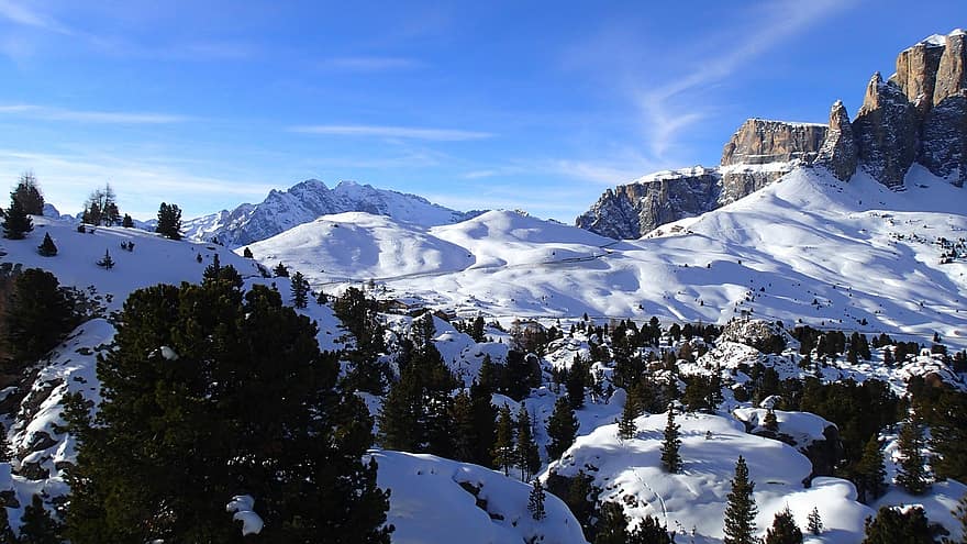 ภูเขา, หิมะ, Dolomites, การเล่นสกี, ธรรมชาติ, ฤดูหนาว, ยอดเขา, น้ำแข็ง, ภูมิประเทศ, ป่า, สีน้ำเงิน