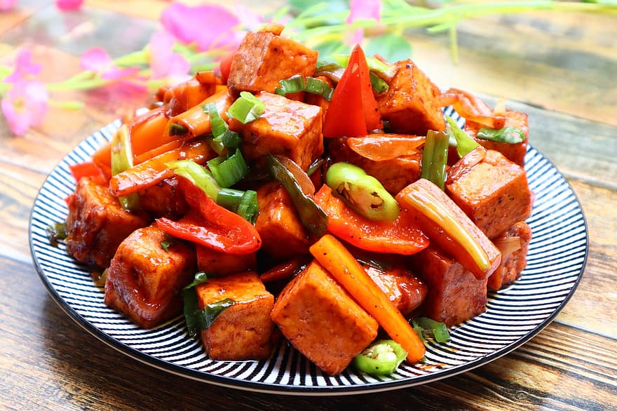 tofu, sojasaus, maaltijd, groenten, veganistisch