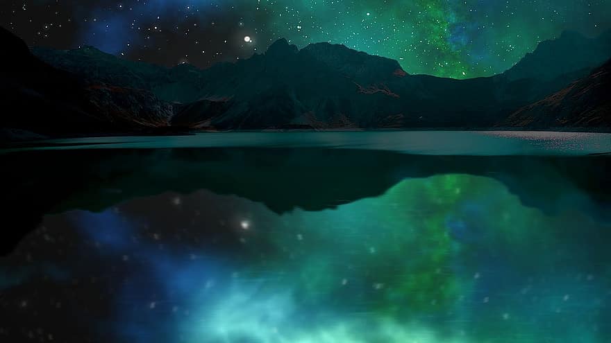 không gian, vũ trụ, núi, ngân hà, thiên văn học, bầu trời, đêm, Thiên nhiên, rộng mênh mông, phong cảnh, hồ nước