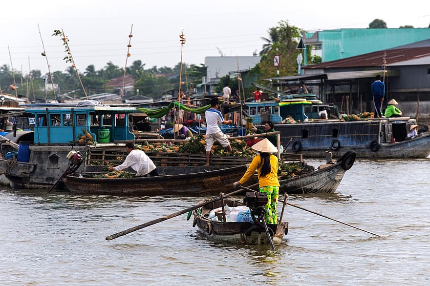 loď, řeka, lodičky, mekong, mekong delta, plovoucí trh, západní, Vietnam, námořní plavidlo, kultur, rybář