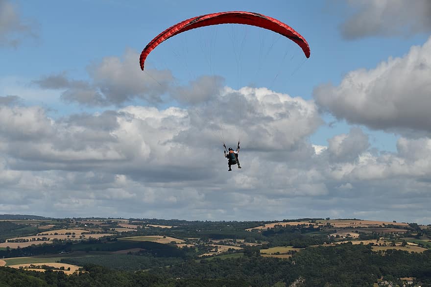 parapente, paragliding em tandem, voar, aeronave, vela, paraquedas, céu nublado, aventura, esporte, Diversão, atividade