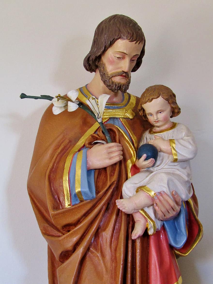 Standbeeld van Jozef en kind Jezus, religieus standbeeld, religie, geloof, Christendom, katholicisme, geestelijkheid, god, vader, mannen, Bijbel