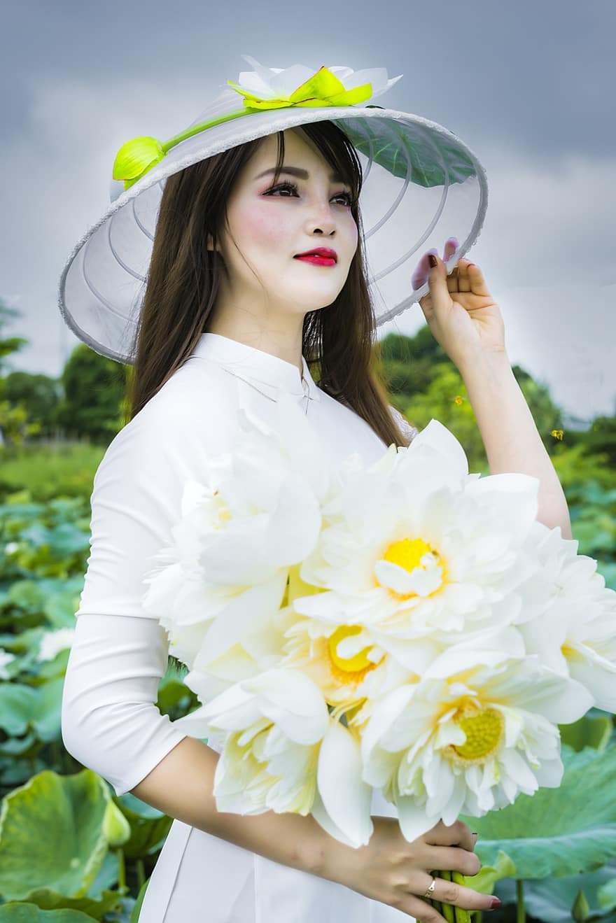 biały lotos, Wietnam, azjatyckie, biały, lotos, kwiat, lato, Natura, niebo, Hanoi, krajobraz