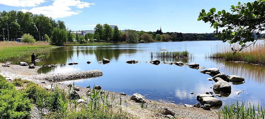 baai, park, Töölö-baai, stad, water, reflectie, rotsen, stenen, kust, visvangst, visser