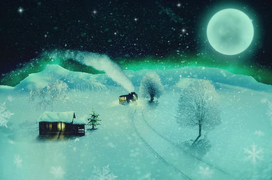 fantasia, locomotiva a vapor, paisagem de neve, cabana, neve, lua, aurora, iluminado, Natal, invernal, conto de fadas